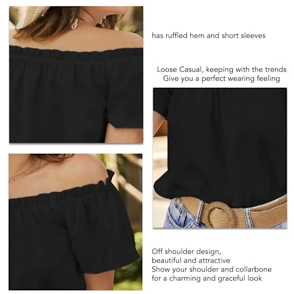 Dam Kortärmad Topp Volangkant Volangdetaljer Blus Sommar Enfärgad Off Shoulder Tröja Svart M