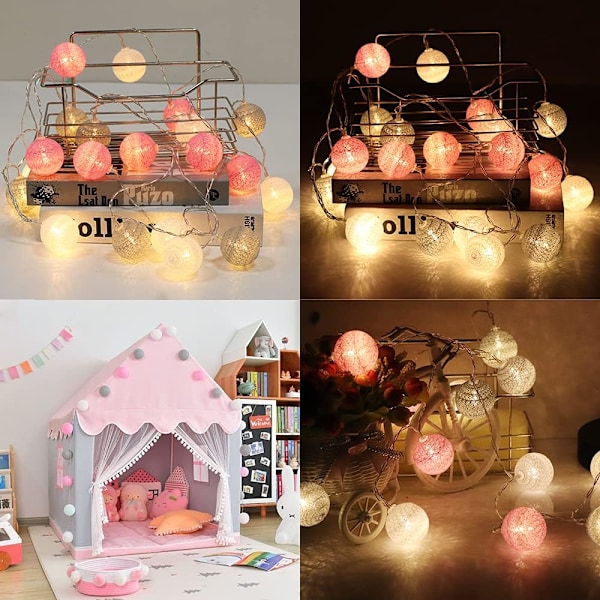 Bomullsboll Ljusslinga, Inredning Juldekoration, 3M 20 LED Ljusbollar, Flickor, Prinsessor, Barn, Bebisar, Bröllopssovrum