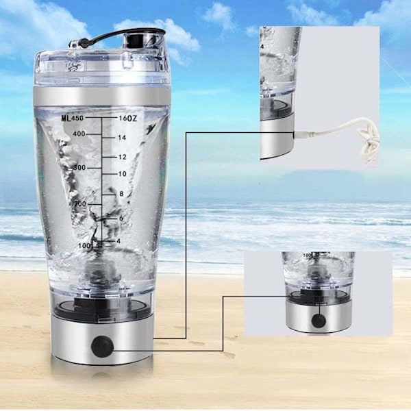 Revolutionerande Elektrisk Proteinshaker, 450 ml/16 oz Läcksäker Skakflaska, Kraftfullt Batteri, Inkluderar Integrerad Proteinbehållare För