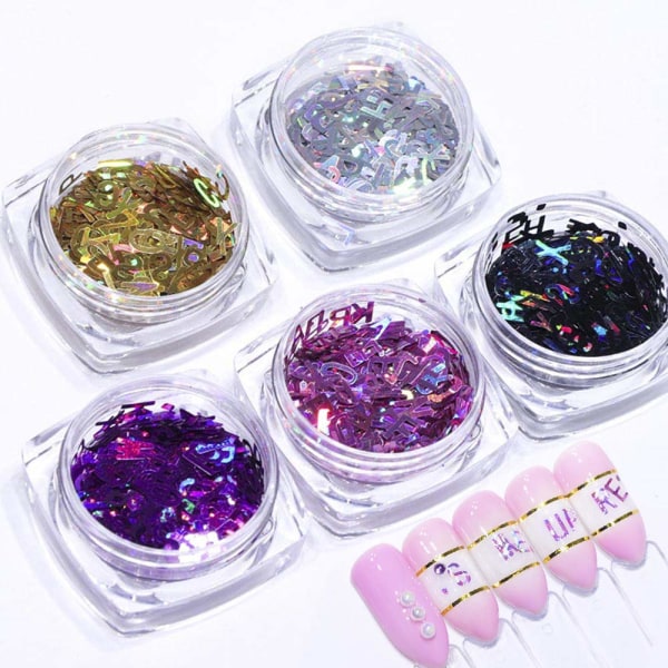 3D Letter Nail Art Glitter Paljetter 5 Boxes Holographic Laser Eng