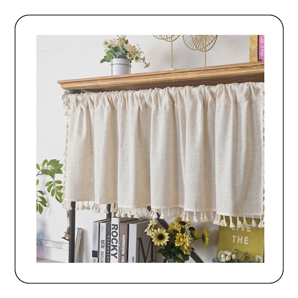 Kökkappa i bohemisk stil, linnevävd ogenomskinlig gardin med nät & tofsar, bohemisk inredning för matsal & sovrum, 150x45cm Beige,