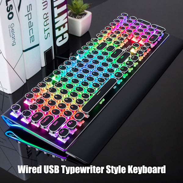 Mekanisk speltangentbord i skrivmaskinsstil med äkta RGB-bakgrundsbelysning, hopfällbart handledsstöd, 108 tangenter, blå brytare, retro runda knappar, svart