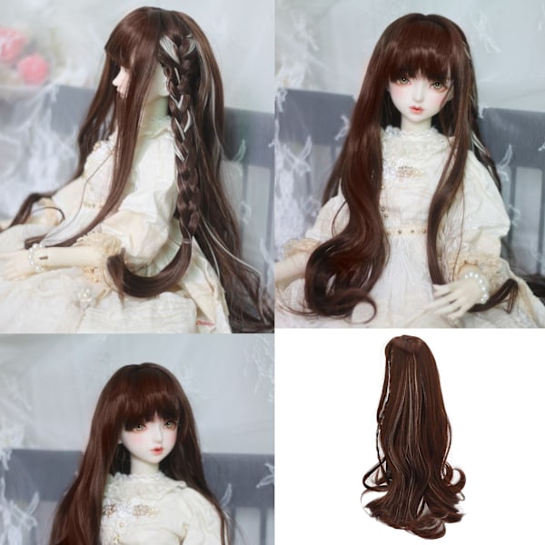 1/3 BJD-docka peruk värmebeständig högtemperatur silke mörkbrun lång lockig peruk för 8-9in 21-24cm BJD-docka
