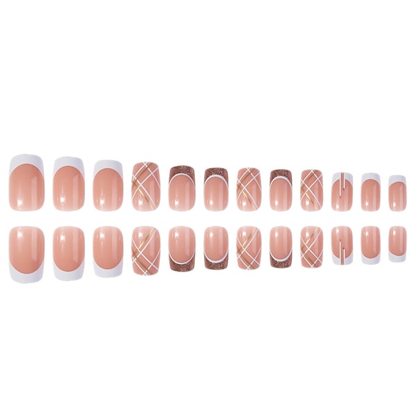 Korta tryck naglar fyrkantiga, blanka akryl solida falska naglar naturliga, 24 falska naglar med design, lim i nagelkonst kit för kvinnor