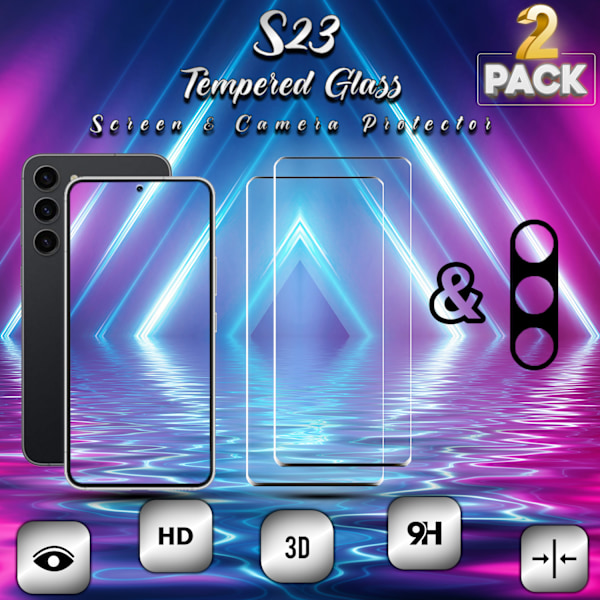 2-Pack Samsung S23 Skärmskydd & 1-Pack linsskydd - Härdat Glas 9H - Super kvalitet 3D