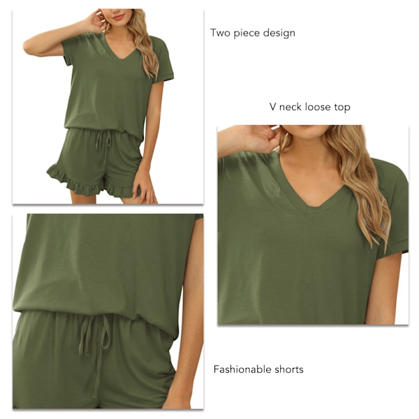 Dam Kortärmad Pyjamas Set Casual V-ringad 2-delat Loungeset med Elastisk Dragsko för Vår Sommar OD Grön XL