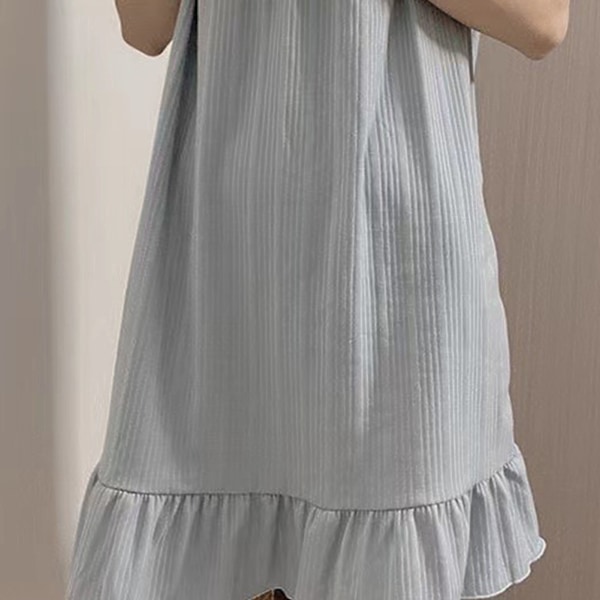 Sovklänning för Kvinnor Kortärmad Spetsrosett Dekor Söt Stil Pyjamas Klänning för Sommar Blå L (55-62.5kg)