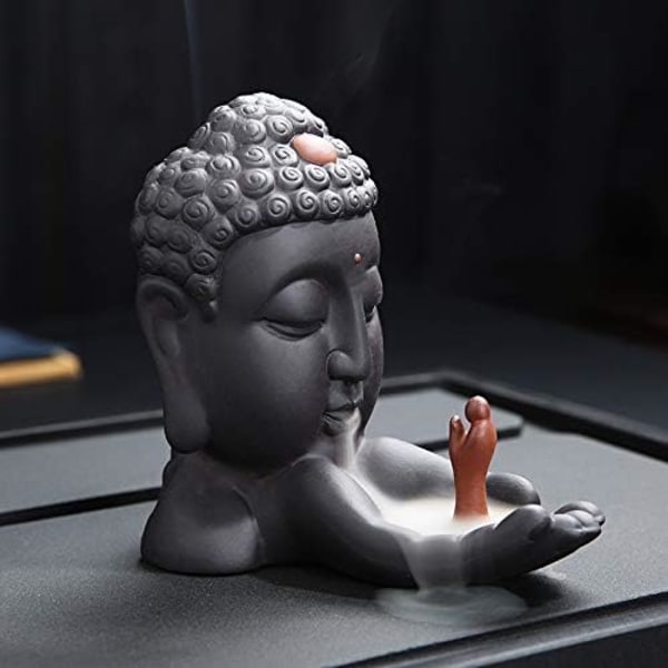 Buddha Rökelsebrännare med Återflöde, Söt Munkfigur Förhöjer Din Heminredning, Avslappning Stresslindring, Träbasstruktur, Bönmeditation