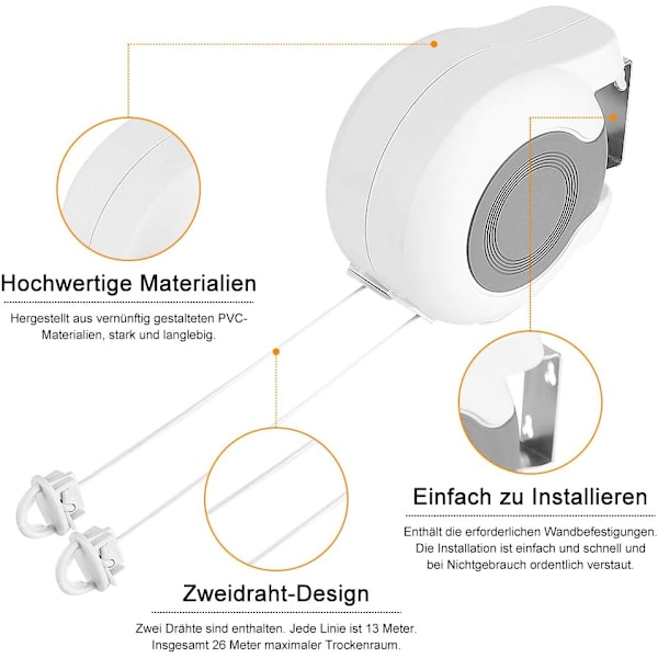 Utomhus Retractable Klädstreck, 13m Väggmonterad Torktumlare Utdragbar Klädstreck för Väggmontering med 2 Klädstreck, för Badrum Balkong Trädgård