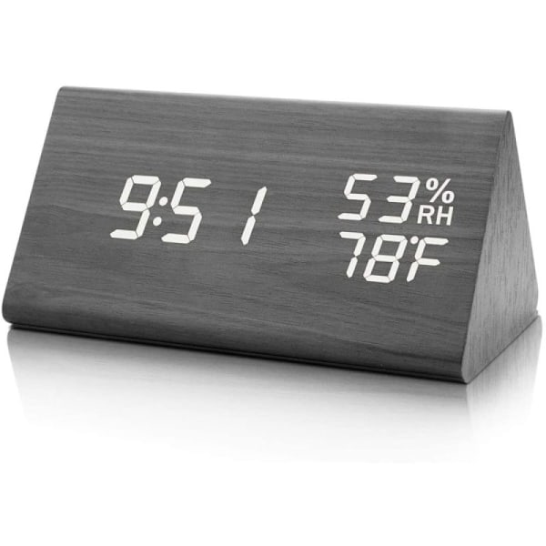 Elegant väckarklocka i trä, smart LED digital klocka med datumvisning, justerbar ljusstyrka och luftfuktighetsvisning för hem, kök, sovrum, arbetsrum