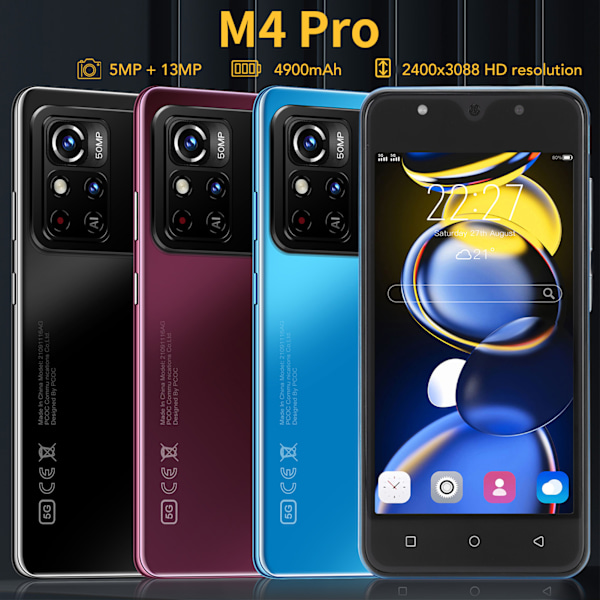 M4 Pro 5.0 Tum Smartphone 4GB 32GB 4900mAh för Android 10.0 Mobiltelefon Stöd 128GB Minnesexpansion Fram 5MP Bak 13MP 100‑240V UK Blå