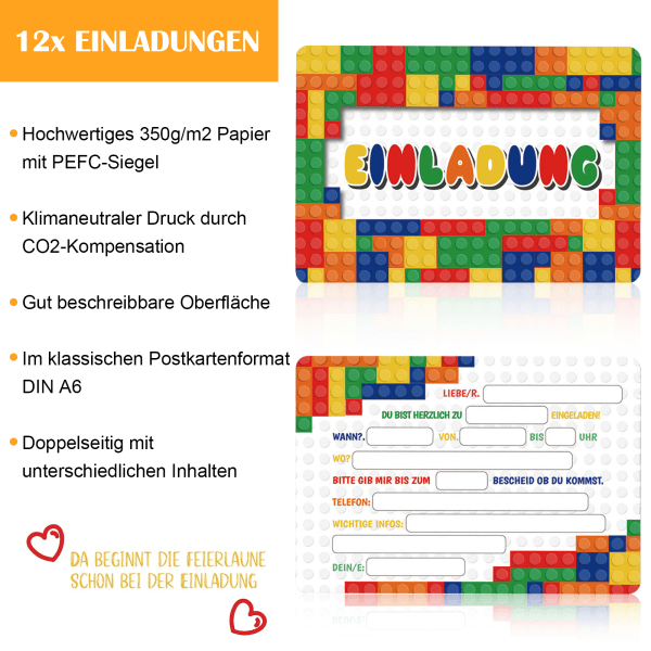 Inbjudningskort byggstenar barnfödelsedag set om 12 - födelsedagsinbjudningar för flickor, pojkar, tonåringar upp till 13 år - bygg inbjudningskort