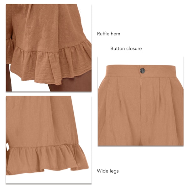Sommarshorts för kvinnor, knappstängning, volangkant, vida ben, avslappnade shorts för vardagsbruk, Khaki XXL