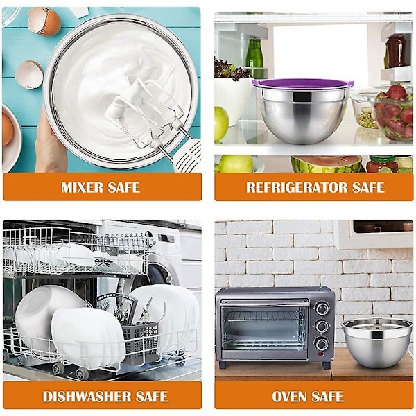 Blandskål med lock, Premium livsmedelsklassat rostfritt stål, djup stapelbar design, för förberedelse, blandning och servering i olika färger för lock (5 st)