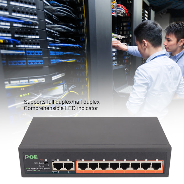 PoE Switch 8 Portar 10/100Mbps 90W RJ45 Adaptiv Port LED-indikator Aluminiumlegering 8 Portars PoE Switch EU-kontakt