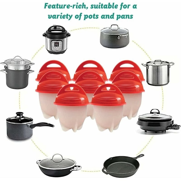 Luktfri Material För Färska Ägg Varje Gång, Silikon Äggkokare Säkerställer Snabb Pochering Och Blandning av Recept, Set Om 8 St, Kompakt Förvaring, BPA-Fri