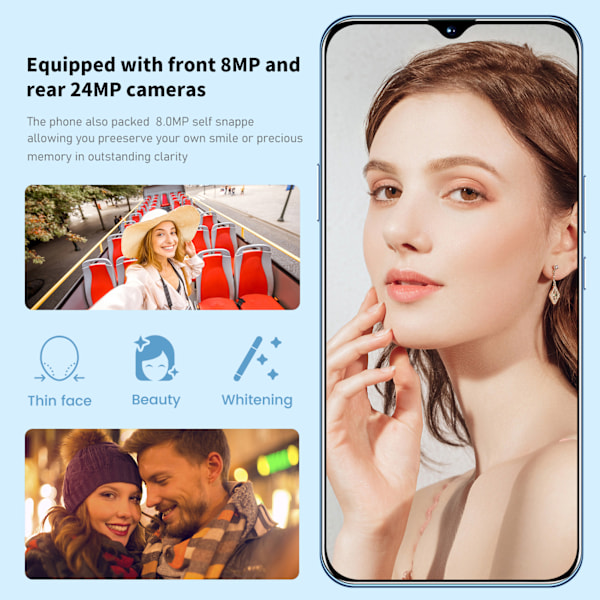 6,49 tum Olåst Smartphone 6GB RAM 64GB ROM Främre 8MP Bakre 24MP Ansiktsigenkänning Mobiltelefon för Android11 100‑240V EU-kontakt Guld