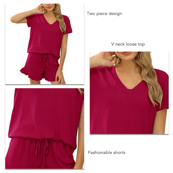 Dam Kortärmad Pyjamas Set Casual V-ringad 2-dels Lounge Set med Elastisk Dragsko för Vår Sommar Röd XL