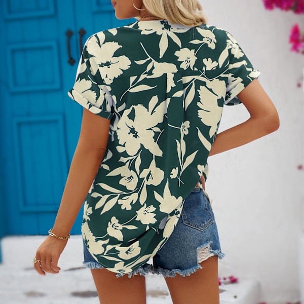 Dam V-ringad Topp Polyester Lös Kortärmad Blomma Tryckt Trendig Sommarblus för Shopping Dejting Grön XXL