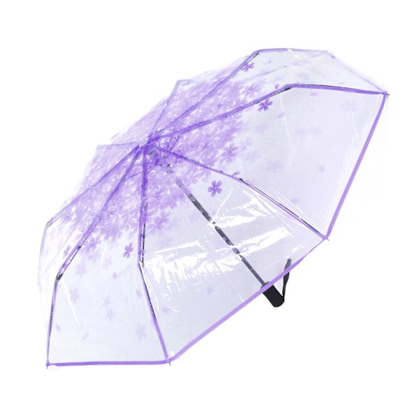 Automatiskt Paraply Mångsidigt 8 Ribbor Mode Transparent Blommönster Hopfällbart Reseparaply för Daglig Scenföreställning Lila