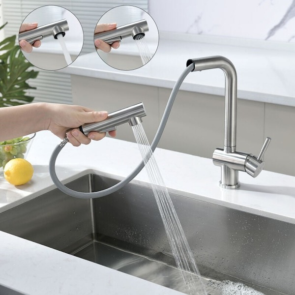 Elegant vattenfall köksblandare, 3 lägen spray utdragbar slang för enkel rengöring, borstad nickel finish, enkelgreppsfunktion för kök