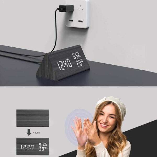 Elegant väckarklocka i trä, smart LED digital klocka med datumvisning, justerbar ljusstyrka och luftfuktighetsvisning för hem, kök, sovrum, arbetsrum