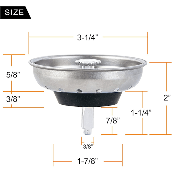 2 st diskho sil och propp kombination korg ersättning för standard 3-1/2 tum avlopp, rostfritt stål korg med gummipropp botten