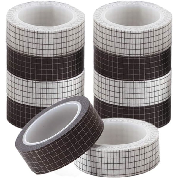 Washi Tejp Set, 10 Rullar Rutmönstrad Dekorativ Maskeringstejp för Journaling, Högkvalitativt Washi-papper Perfekt som Gåva