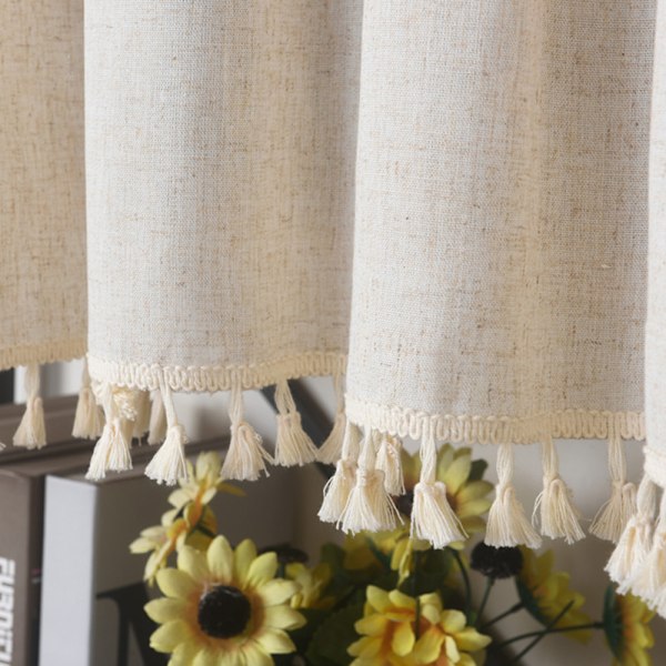Kökkappa i bohemisk stil, linnevävd ogenomskinlig gardin med nät & tofsar, bohemisk inredning för matsal & sovrum, 150x45cm Beige,