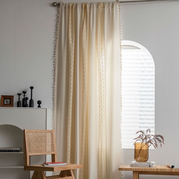 Boho Chic Gardiner Linne Texturerade, Eleganta Tofsar Skira Spetsgardiner med Virkad Geometrisk Stickning, Fönsterbehandling i Bondgårdsstil för Vardagsrum,