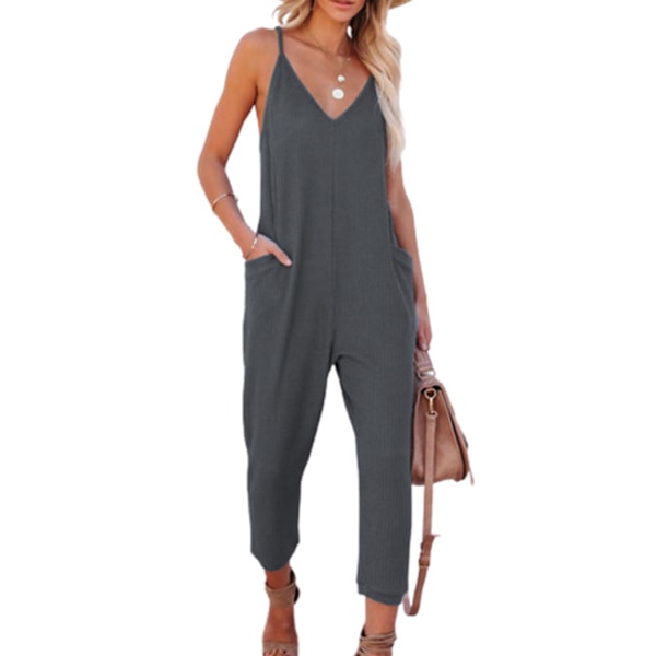 Lös Ärmlös Jumpsuit Spaghettiband Våfflad V-ringad Långbyxdräkt med Sidoficka för Dam XXL Mörkgrå