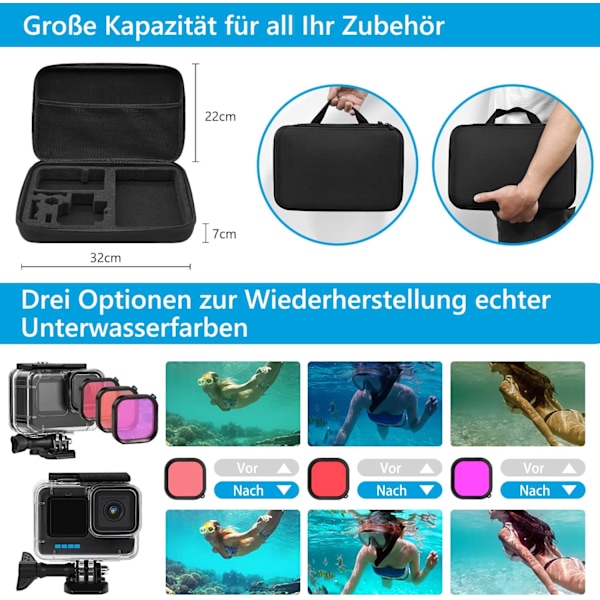 Tillbehörsset Kit Bundle för GoPro Hero 10 / Hero 9 Black, oGoDeal Vattentätt Skyddande Fodral Snorklingstillbehör Cykelfäste Selfie Pole Head