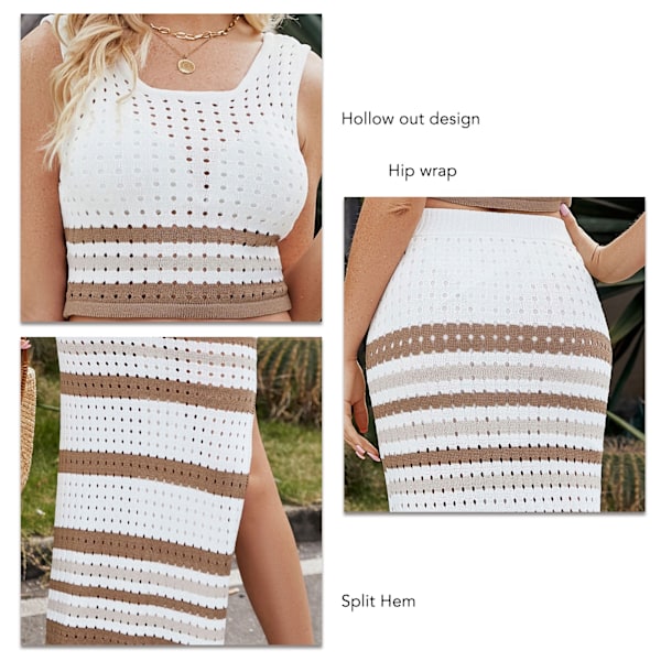 Linne och kjol set randigt hög midja slitslimmad ihålig design dam ärmlös 2-delad outfit för strand vardag khaki M
