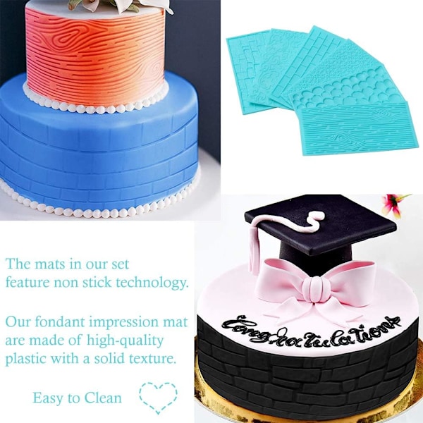 Texturdesignform för lera, choklad &amp; fondantkaka präglad, non-stick sten &amp; träfibrer fondantformar för bakning (set om 6)