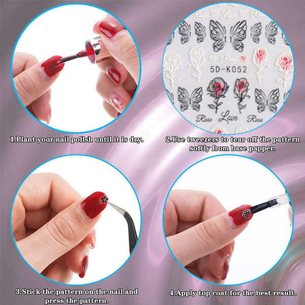 5D Stereoskopiska Präglade Nagelkonst Dekaler Nageldesigner för Kvinnor DIY Akryl Nagel Dekorationer, 3 Ark, 10.5*6cm