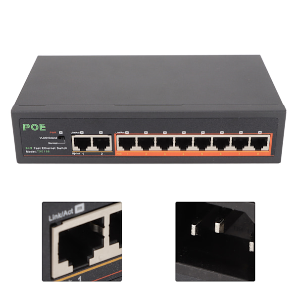PoE Switch 8 Portar 10/100Mbps 90W RJ45 Adaptiv Port LED-indikator Aluminiumlegering 8 Portars PoE Switch EU-kontakt