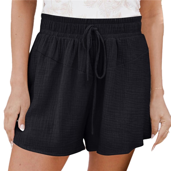 Dam Bredbenta Shorts Dragsko Elastisk Hög Midja Enfärgad Andningsbara Sommarshorts Svart L