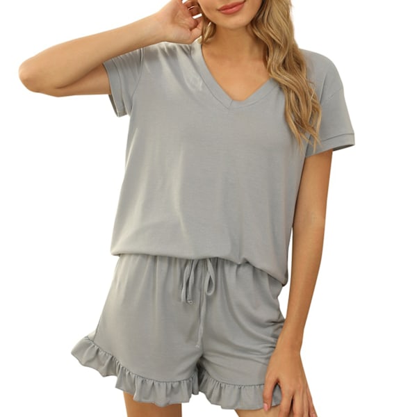 Dam Kortärmad Pyjamas Set Casual V-ringad 2-dels Lounge Set med Elastisk Dragsko för Vår Sommar Grå XXL