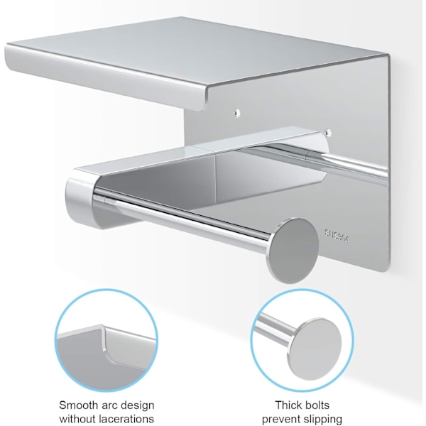 Toalettpappershållare, rullpappershållare utan borrning, toalettpappersdispenser, pappersdispenser med hylla, SUS 304 rostfritt stål, självhäftande