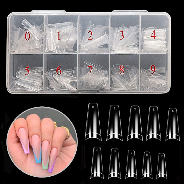 Falska naglar kistform långa 500 st genomskinliga tippar för akrylnaglar fransk dam 10 storlekar halv täckning falska nagelkonst tippar konstgjorda för DIY nagelsalong