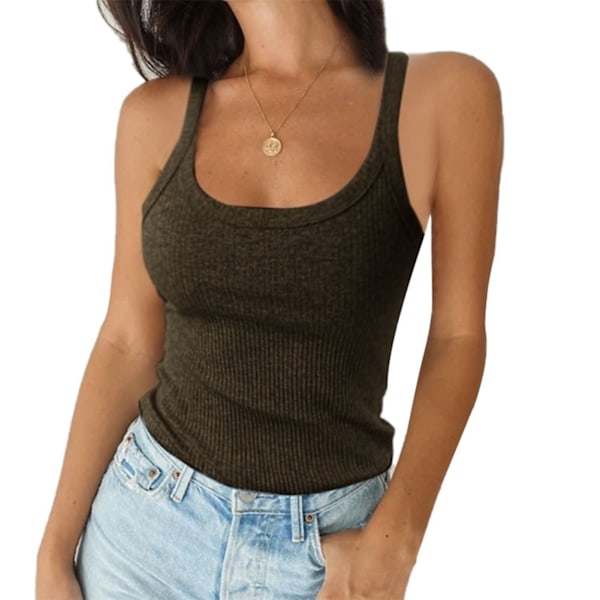 Dam Ribbstickad Tank Top med Scoop Neck Låg Skärning Stretchig Slim Fit Ärmlös Sommar T-shirt Grön L