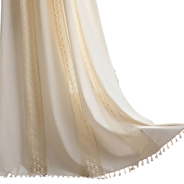 Boho Chic Gardiner Linne Texturerade, Eleganta Tofsar Skira Spetsgardiner med Virkad Geometrisk Stickning, Fönsterbehandling i Bondgårdsstil för Vardagsrum,