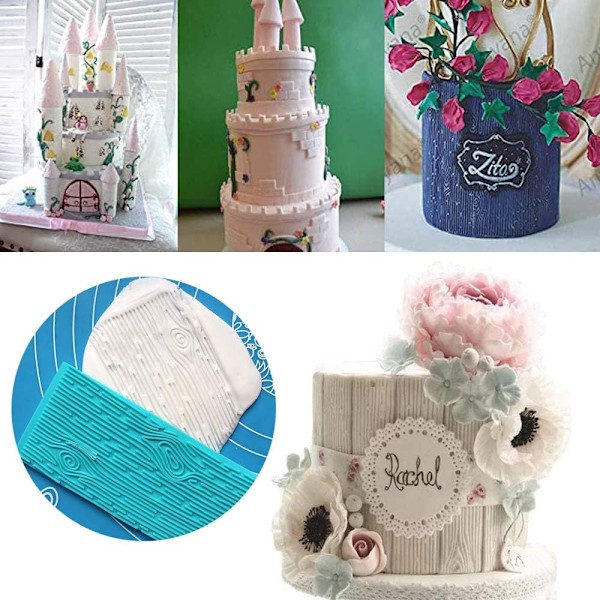 Texturdesignform för lera, choklad &amp; fondantkaka präglad, non-stick sten &amp; träfibrer fondantformar för bakning (set om 6)