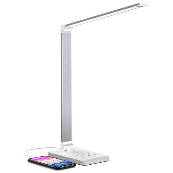 Skrivbordslampa med USB-port, LED-skrivbordslampa med hopfällbar design, dimbar ögonvänlig bordslampa för läsning, touchkontroll, 30/60 minuters automatisk avstängning