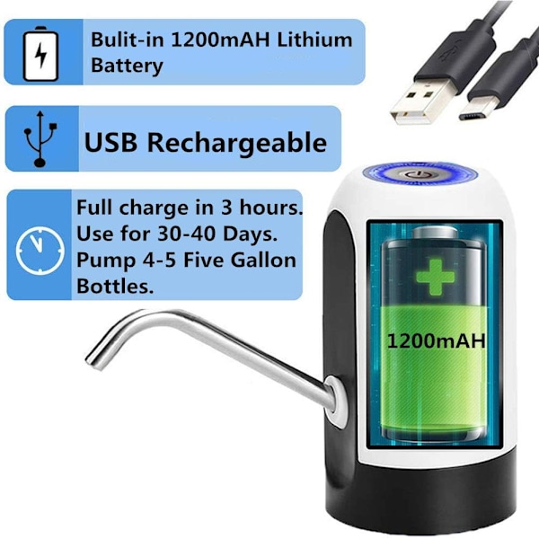 Innovativ Vattenflaskpump, Portabel Vattendispenser för 11-19 Liters Behållare, Säkerhet och Hälsa Garanterad, Spillfria Lock Ingår, USB-Laddning