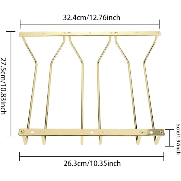 Dekorativt vinglasställ, förvaringsställ för vinglas under skåp med klassisk stil, elegant guldfinish för platsbesparing (27,5 cm, guld)