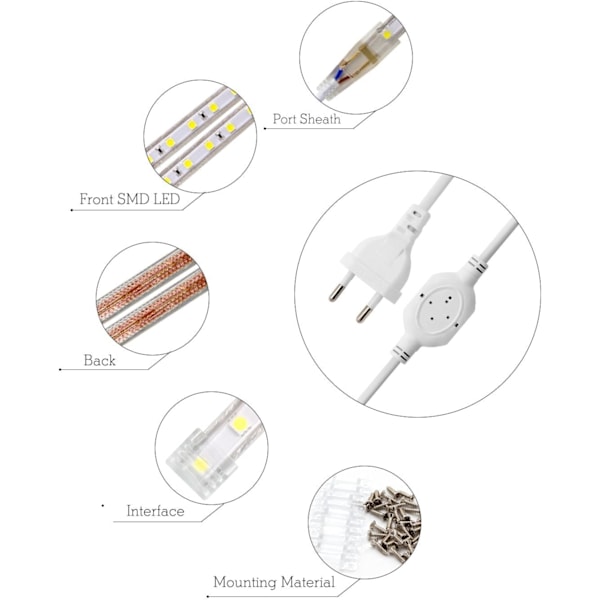 Led-remsa, 2M Led-remsa, Ljusstark Led-remsa 220V, 5050 Ip65 Vattentät Led-remsa, Varmvit (2)