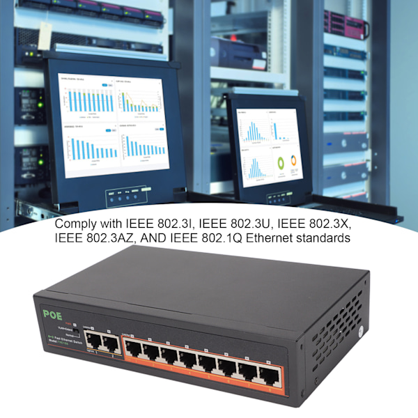 PoE Switch 8 Portar 10/100Mbps 90W RJ45 Adaptiv Port LED-indikator Aluminiumlegering 8 Portars PoE Switch EU-kontakt