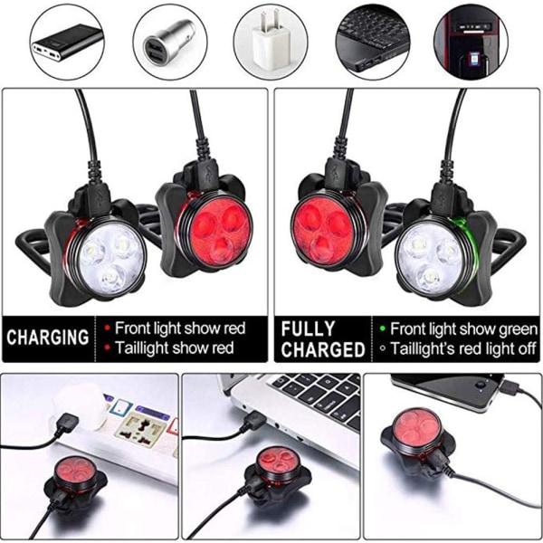 LED-cykellampset batteri avtagbar, regnsäker och uppladdningsbar via USB, 5 blinkande lägen, 2 USB-kablar, LED set Zündapp, cykellampa
