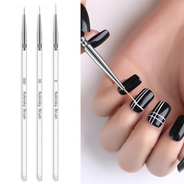 3 st professionella nagelkonstpenslar set linerpennor strippningspenslar för korta drag, detaljer, blandning, långsträckta linjer etc